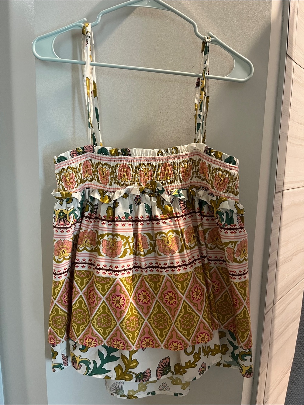 Anthropologie Floral Smocked Ruffle Camisole - Pink, Green, Gold